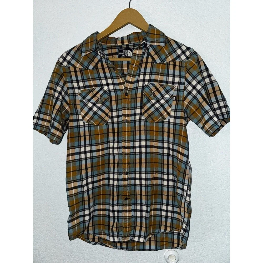The North Face Plaid Shirt Mens Blue Brown Short Sleeve Button Up Dual Pocket